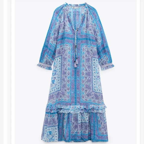 Zara* Printed Blue Midi Boho Dress - Picture 4 of 11